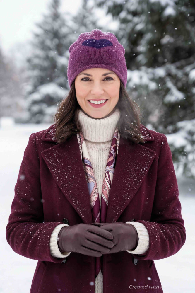 Beanie Hat In Heart Design - Purple - 7.5’’ - Beanie