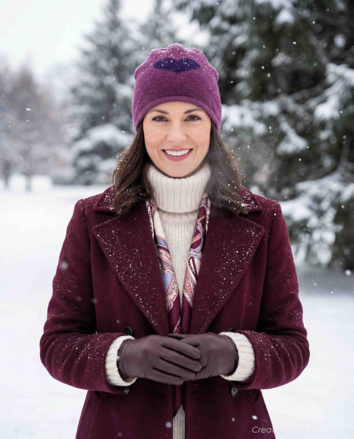 Beanie Hat In Heart Design - Purple - 7.5’’ - Beanie