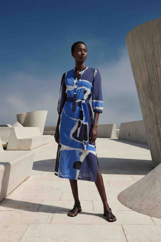 Belted Shirt Dress - Blue - Dresses