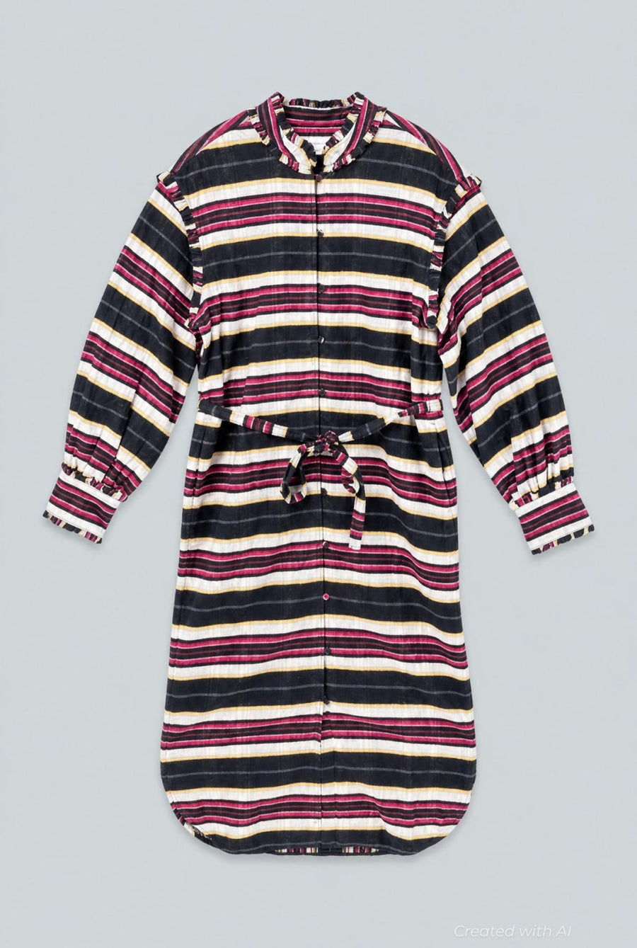 Belted Striped Button Up Dress - Black Combo - Dresses