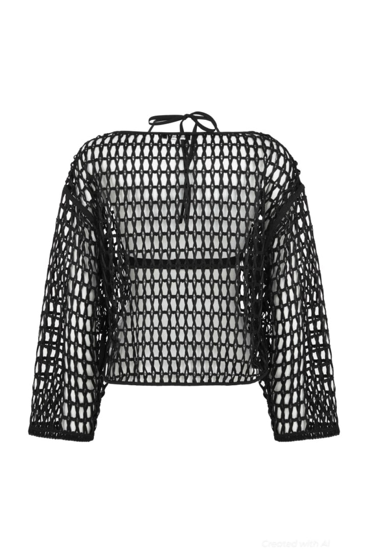 Black Boat Neck Mesh Top - Black - Cover-up