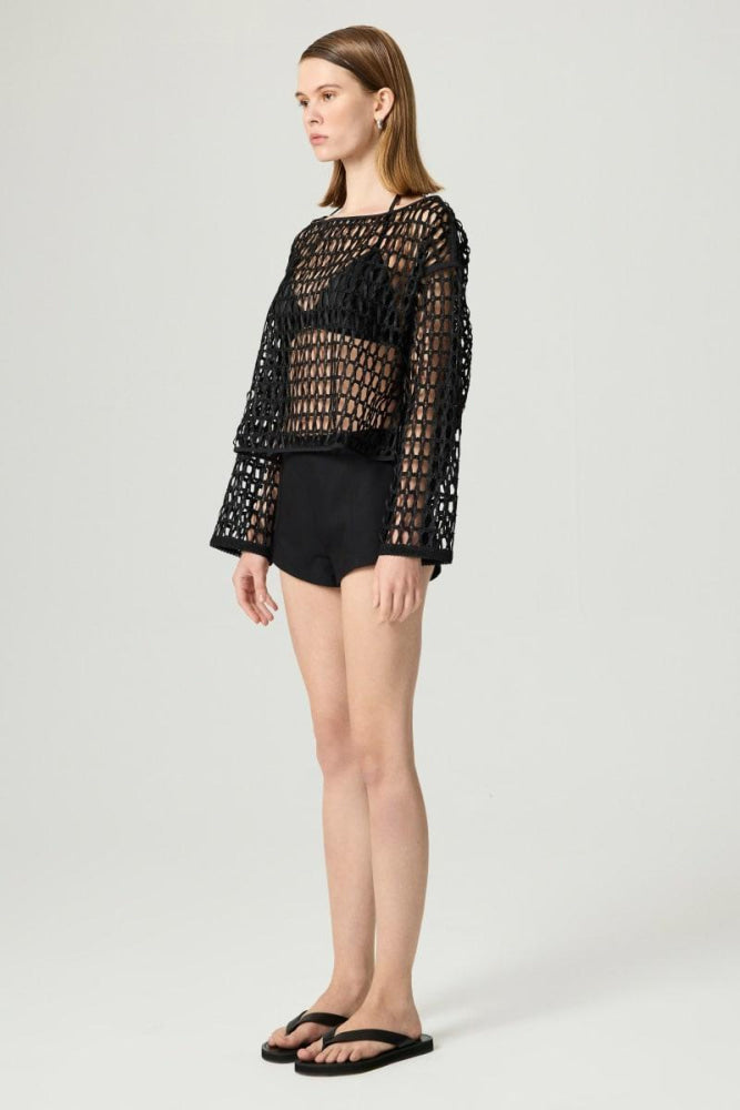 Black Boat Neck Mesh Top - Black - Cover-up