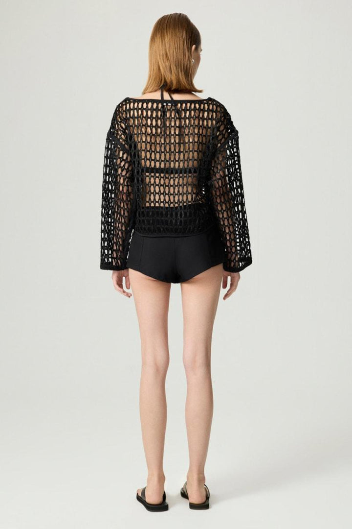 Black Boat Neck Mesh Top - Black - Cover-up