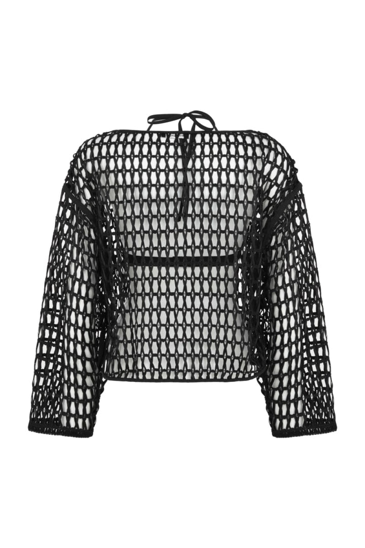 Black Boat Neck Mesh Top - Black - Cover-up