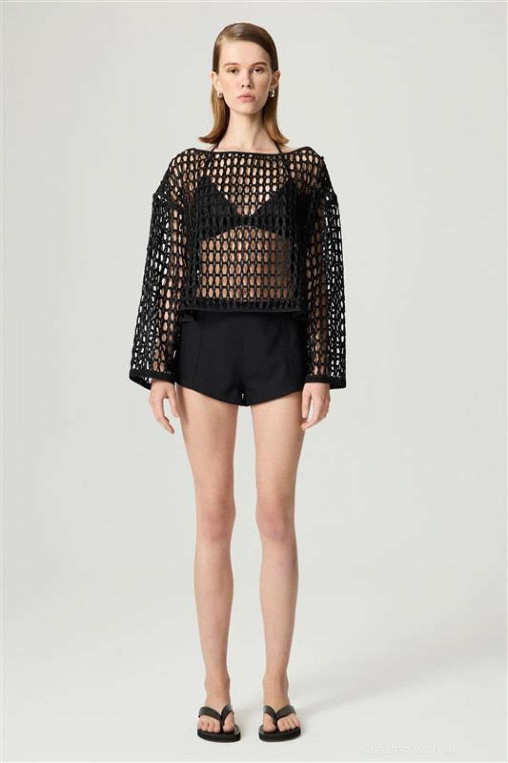 Black Boat Neck Mesh Top - Black - Cover-up
