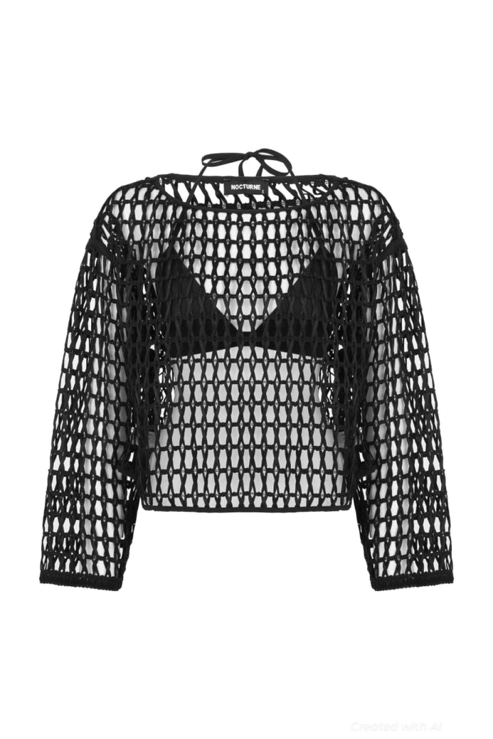 Black Boat Neck Mesh Top - Black - Cover-up