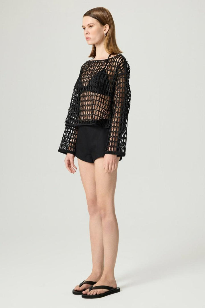 Black Boat Neck Mesh Top - Black - Cover-up