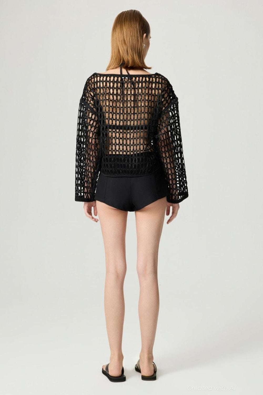 Black Boat Neck Mesh Top - Black - Cover-up