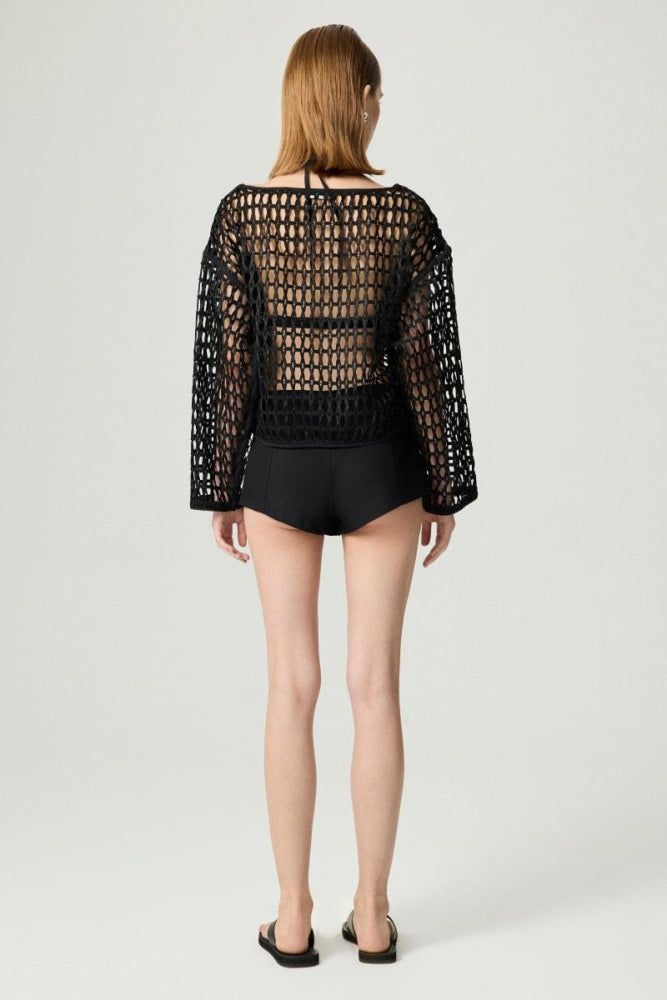 Black Boat Neck Mesh Top - Black - Cover-up