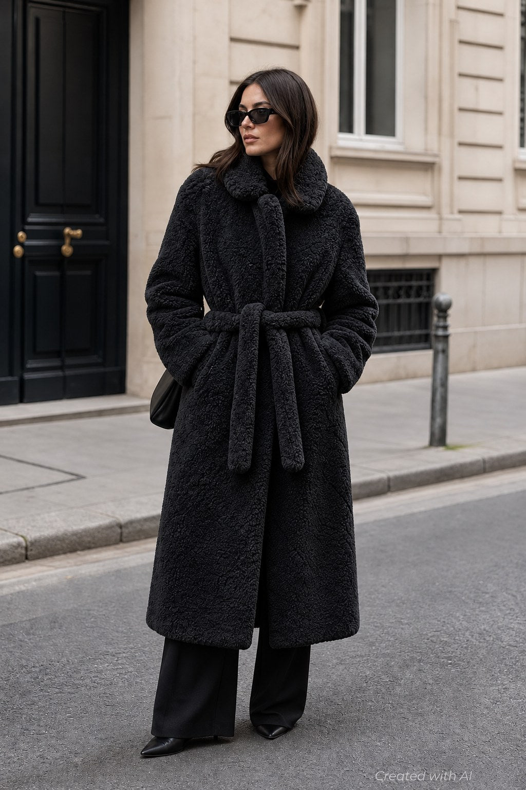 Faux Fur Belted Coat - Black