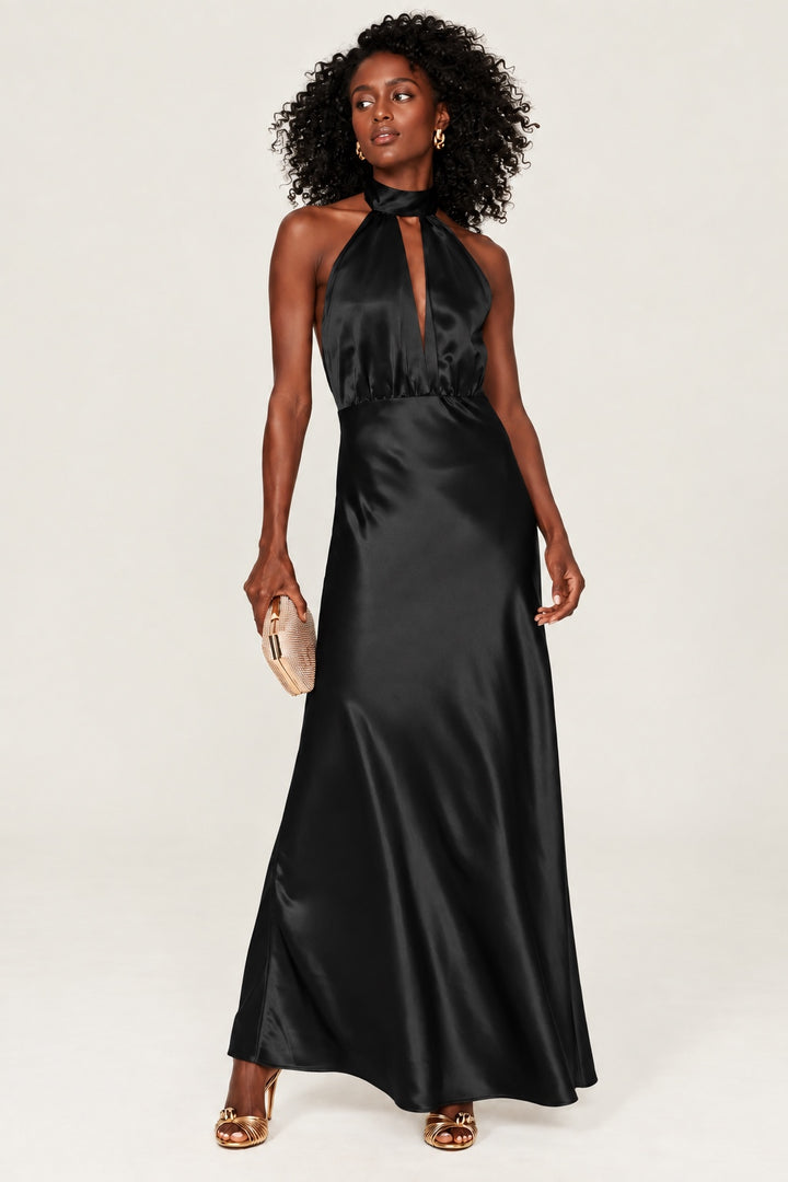 Silky Halter Cutout Gown - Black