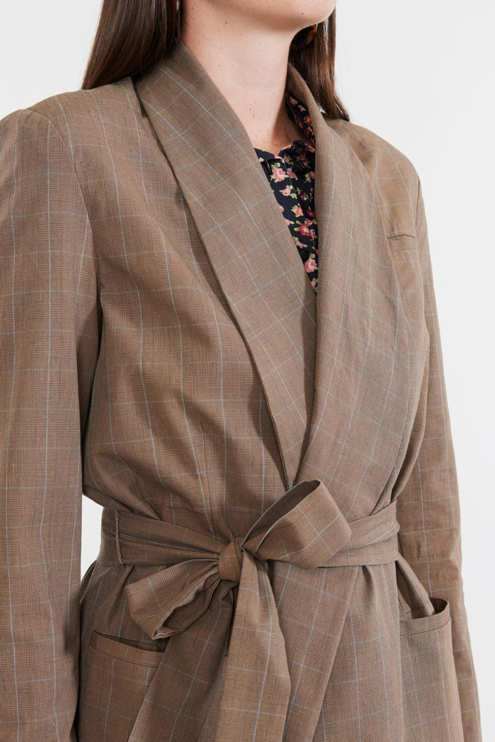 Blazer With Waist Tie - Coco Check with Baby Blue Pinstripe - Blazer