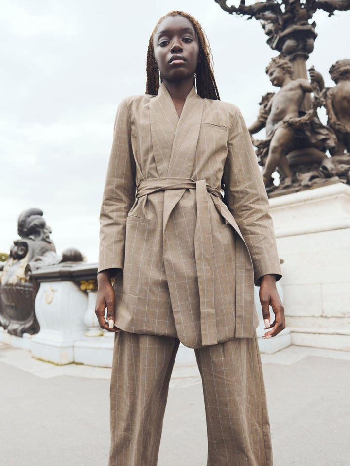 Blazer With Waist Tie - Coco Check with Baby Blue Pinstripe - Blazer