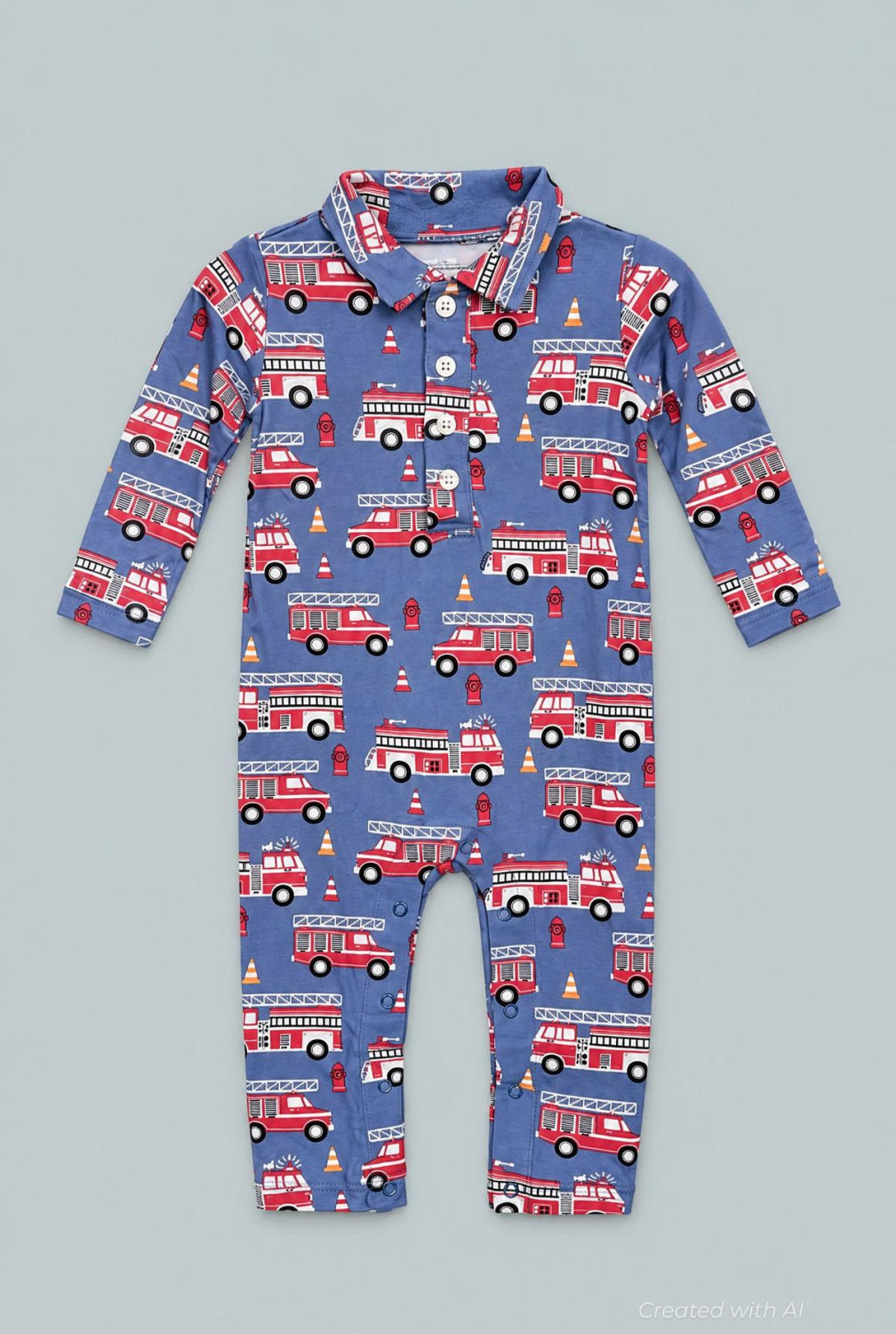 Blue Fire Truck Long-Sleeve Polo Romper - Cameron - Romper
