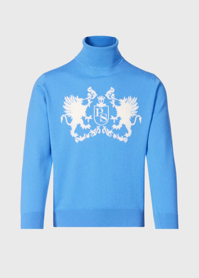 Blue Intarsia Cashmere Crest Turtleneck Pullover - Light Blue - Turtleneck