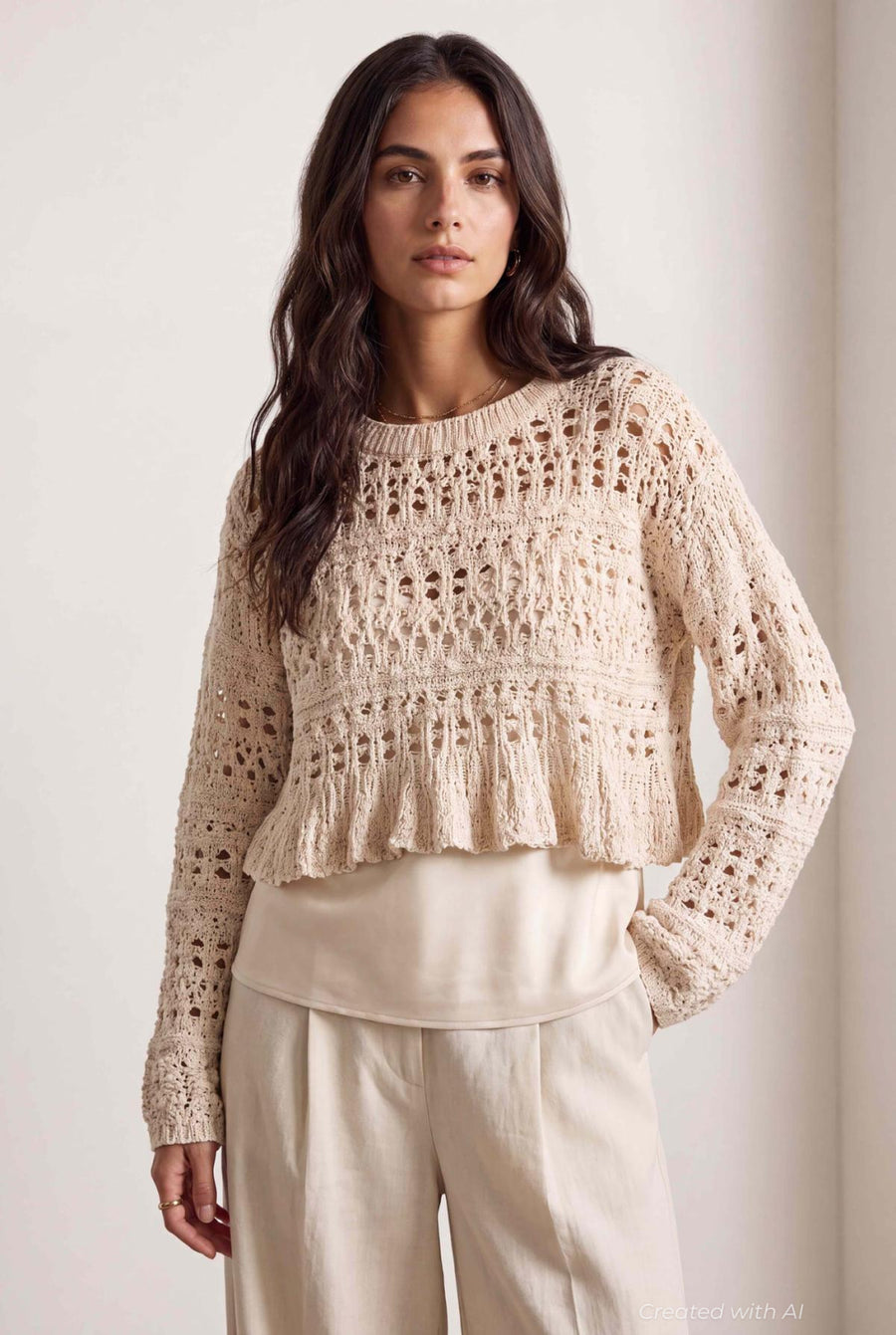 Boucle Ruffle Hem Sweater - Ivory - Sweater