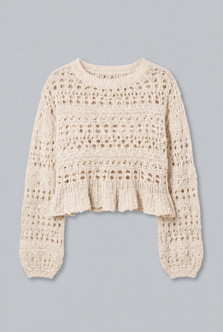 Boucle Ruffle Hem Sweater - Ivory - Sweater