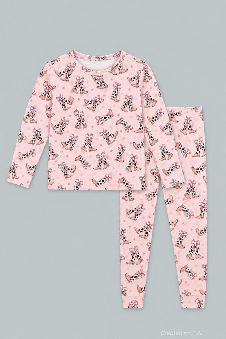 Bows Big Kid Pajama Set - Cowhide Boots - Pajamas