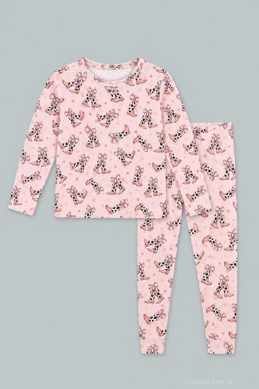Bows Big Kid Pajama Set - Cowhide Boots - Pajamas