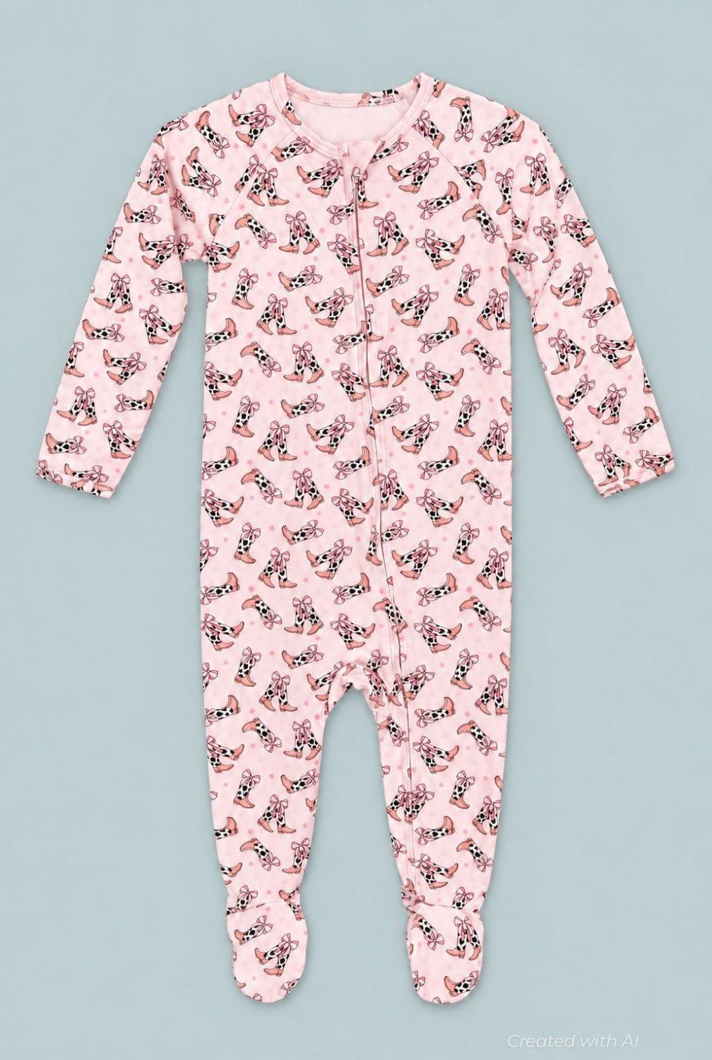 Bows Zipper Footie - Cowhide Boots - Pajamas