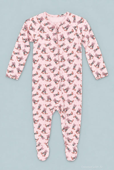 Bows Zipper Footie - Cowhide Boots - Pajamas