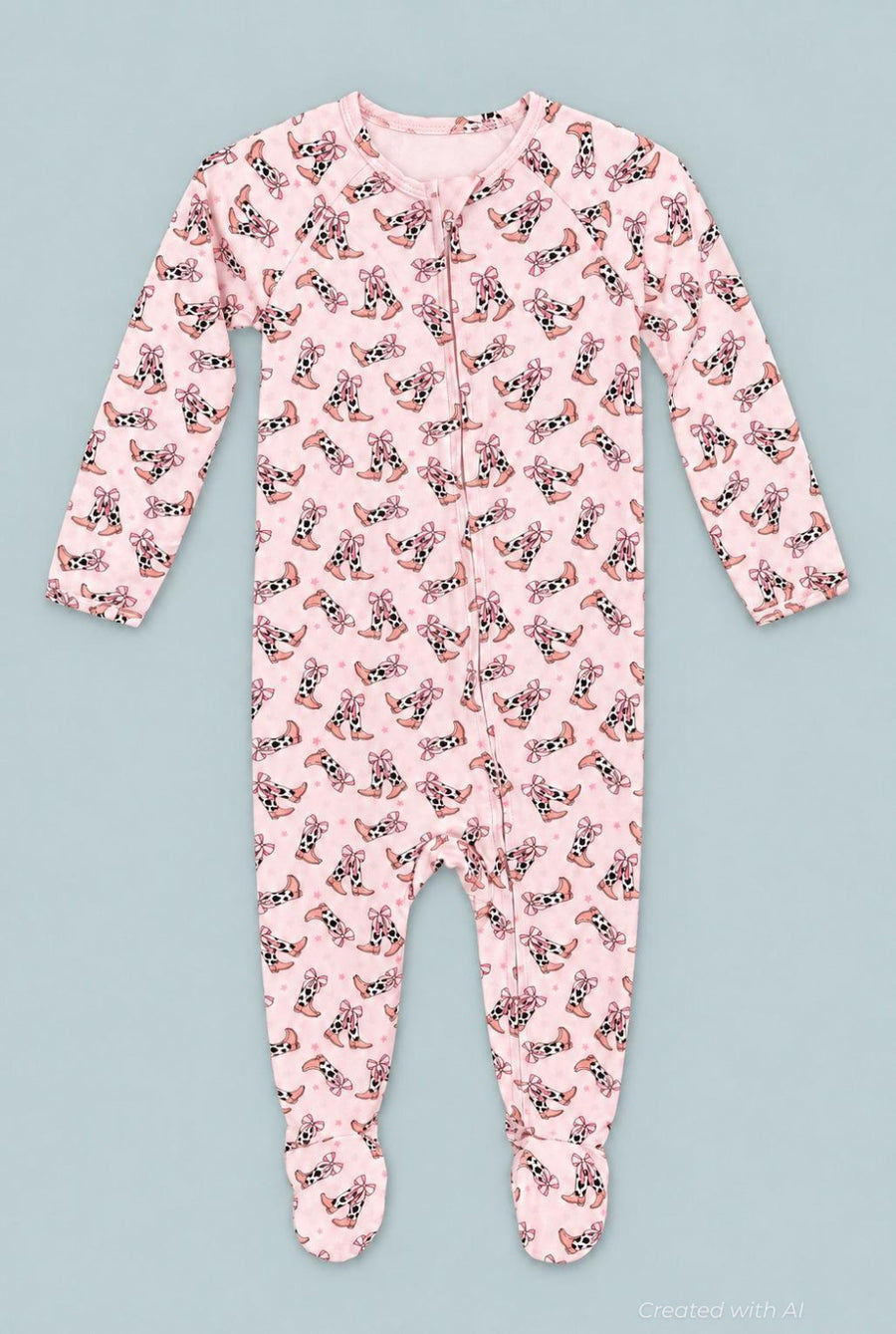Bows Zipper Footie - Cowhide Boots - Pajamas