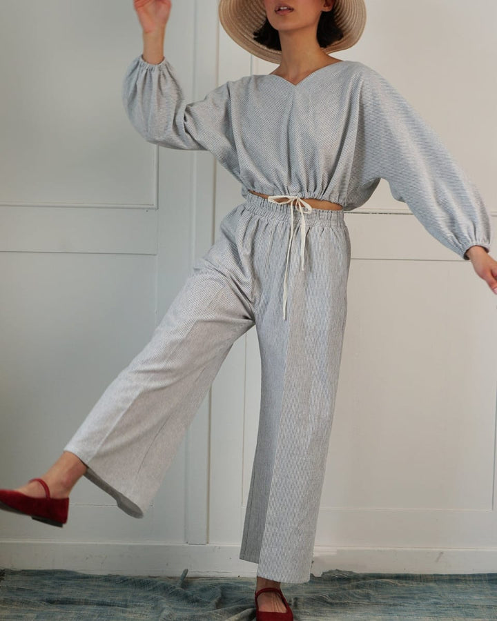 Conductor Stripe Linen Drawstring Adjustable Bubble Top