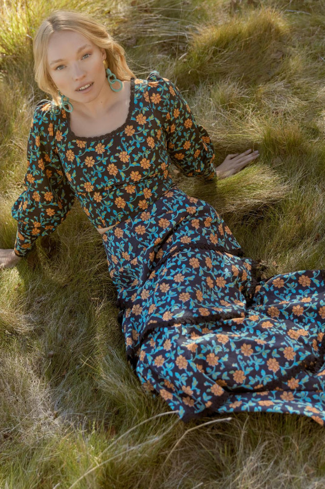 Brenda Tiered Skirt - Faded Black/Bright Clementine & Moss Floral - FINAL SALE - Skirt