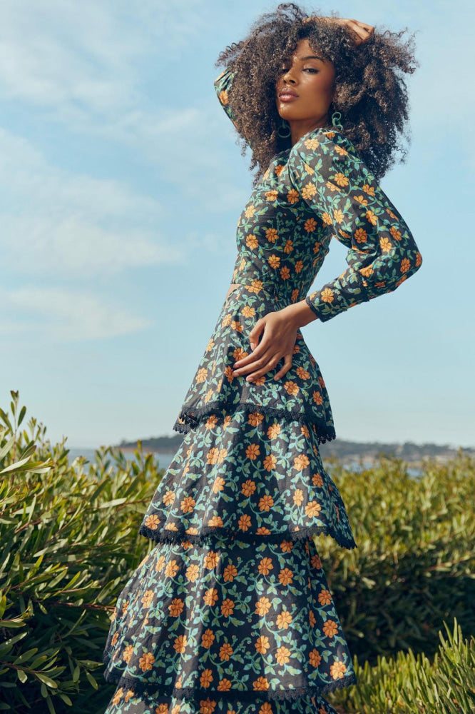 Brenda Tiered Skirt - Faded Black/Bright Clementine & Moss Floral - FINAL SALE - Skirt