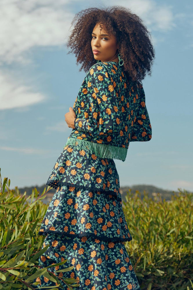 Brenda Tiered Skirt - Faded Black/Bright Clementine & Moss Floral - FINAL SALE - Skirt