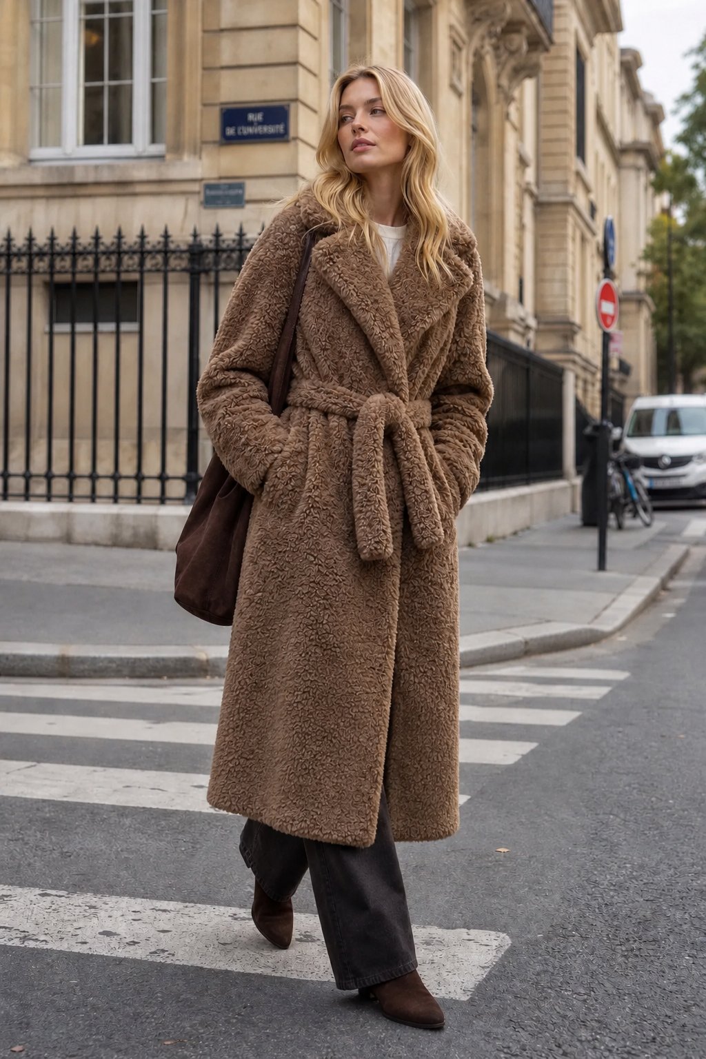 Faux Fur Belted Coat - Brown