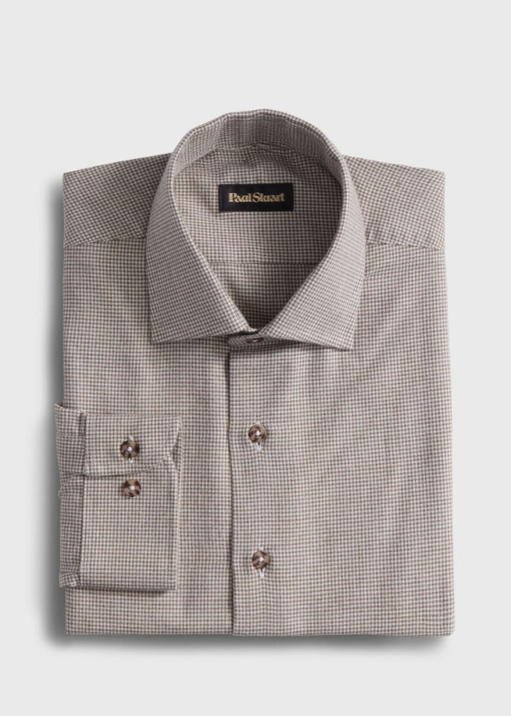 Brushed Cotton Houndstooth Sport Shirt - Mink - Collared Shirt