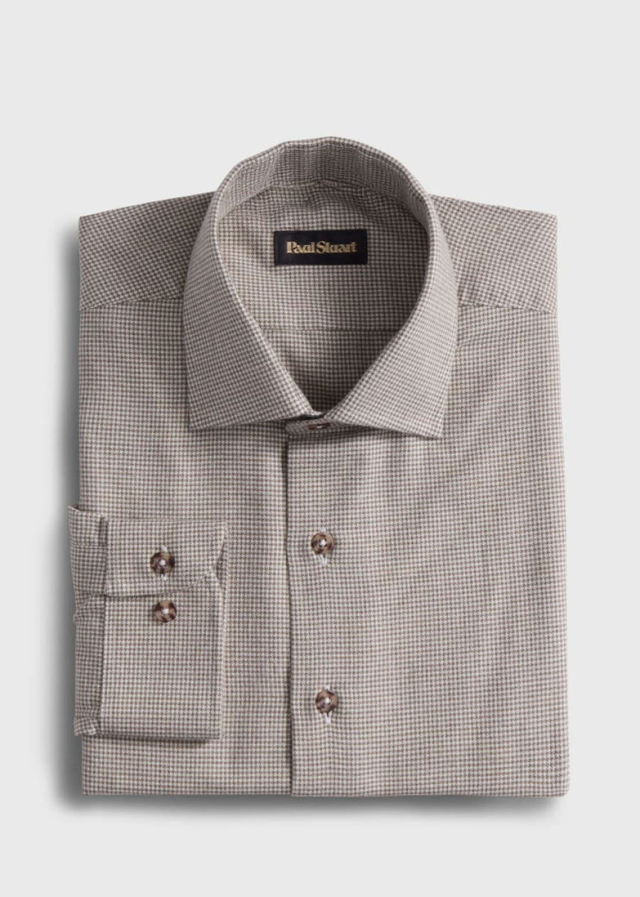 Brushed Cotton Houndstooth Sport Shirt - Mink - Collared Shirt