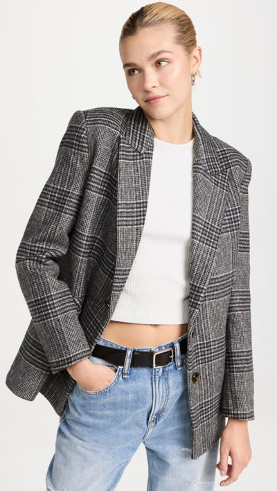 Brushed Plaid Oversized Blazer - Gray Combo - Blazer