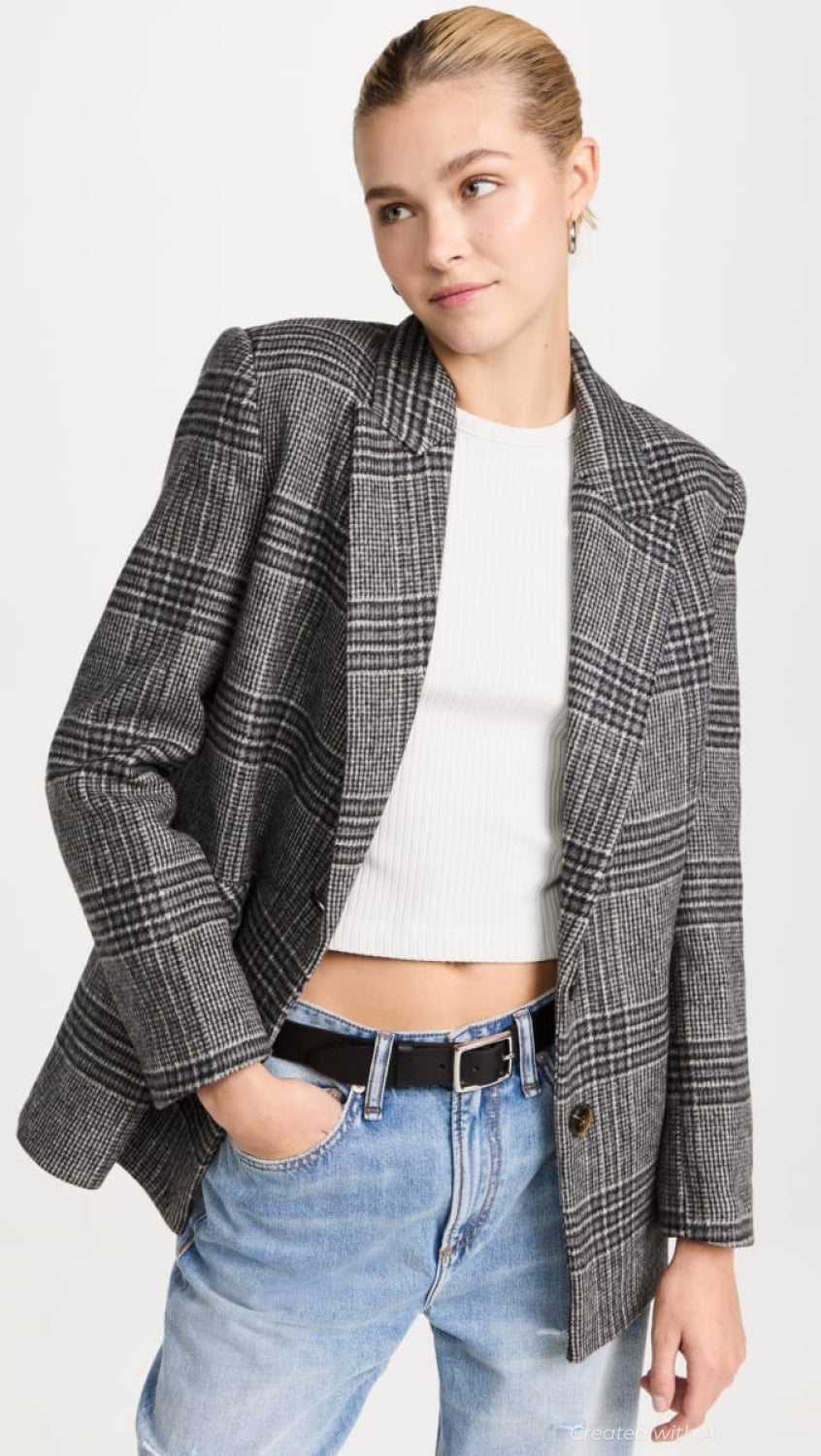 Brushed Plaid Oversized Blazer - Gray Combo - Blazer
