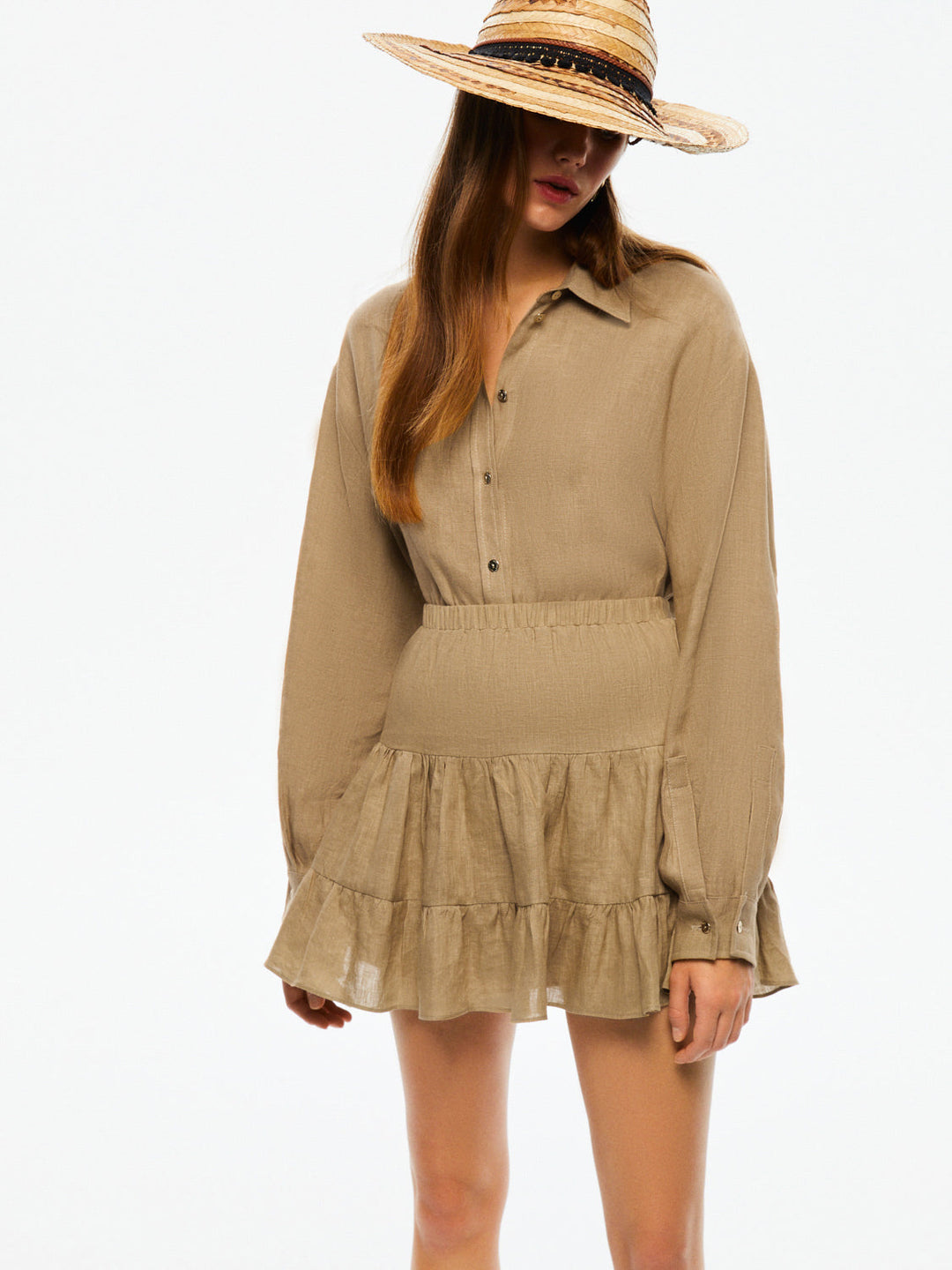 Tiered Mini Linen Skirt - Beige