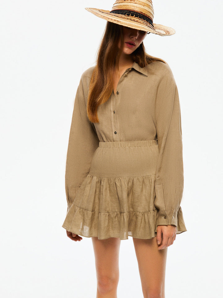Tiered Mini Linen Skirt - Beige