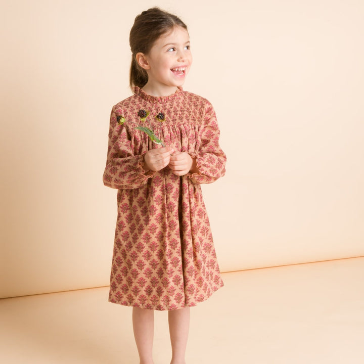 Girls' Smocked Long Sleeves Dress - Vintage Pink