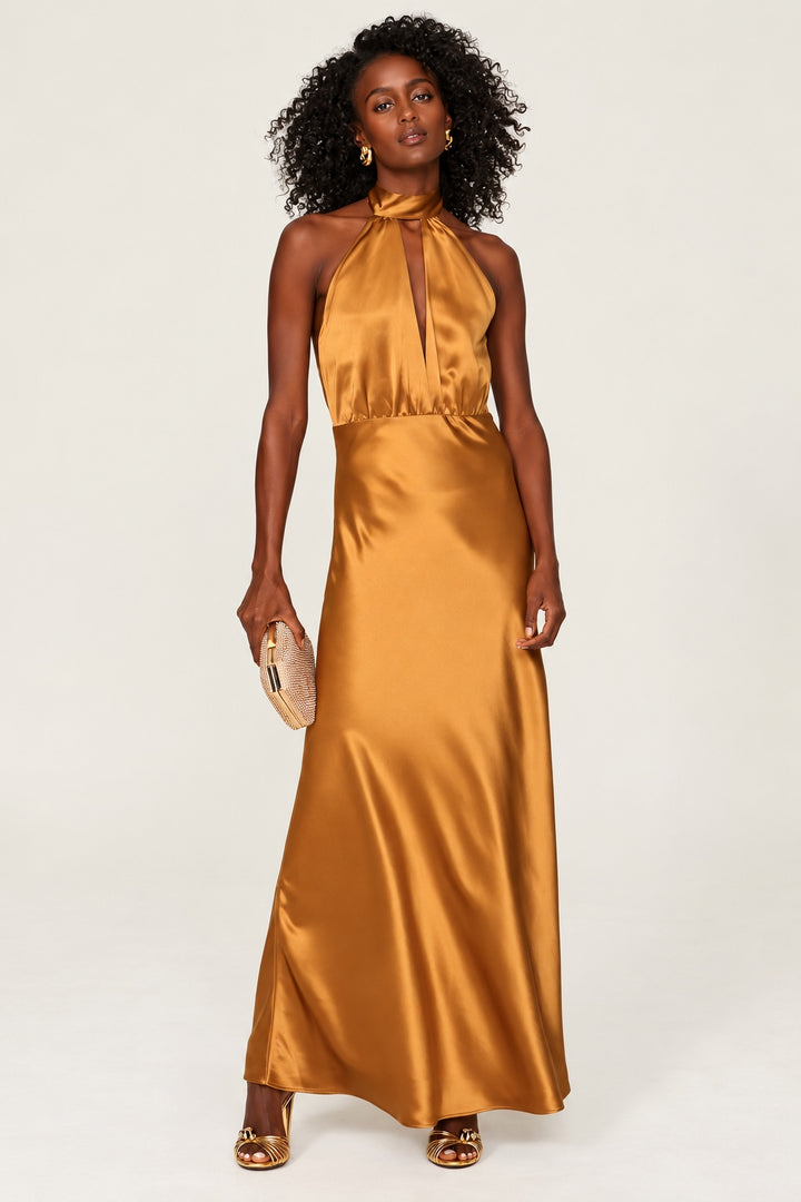 Silky Halter Cutout Gown - Burnt Orange