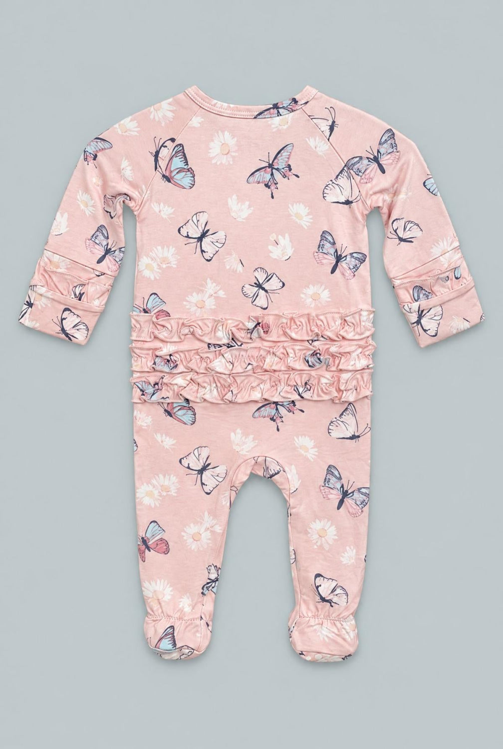 Butterfly Daisy Bamboo Ruffle Footie - Butterfly Daisy Pink - Onesie