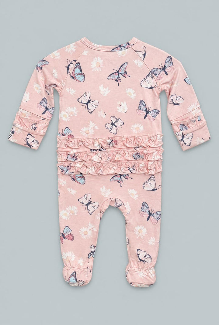 Butterfly Daisy Bamboo Ruffle Footie - Butterfly Daisy Pink - Onesie