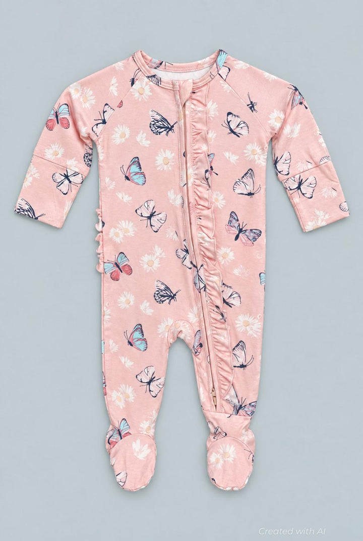 Butterfly Daisy Bamboo Ruffle Footie - Butterfly Daisy Pink - Onesie