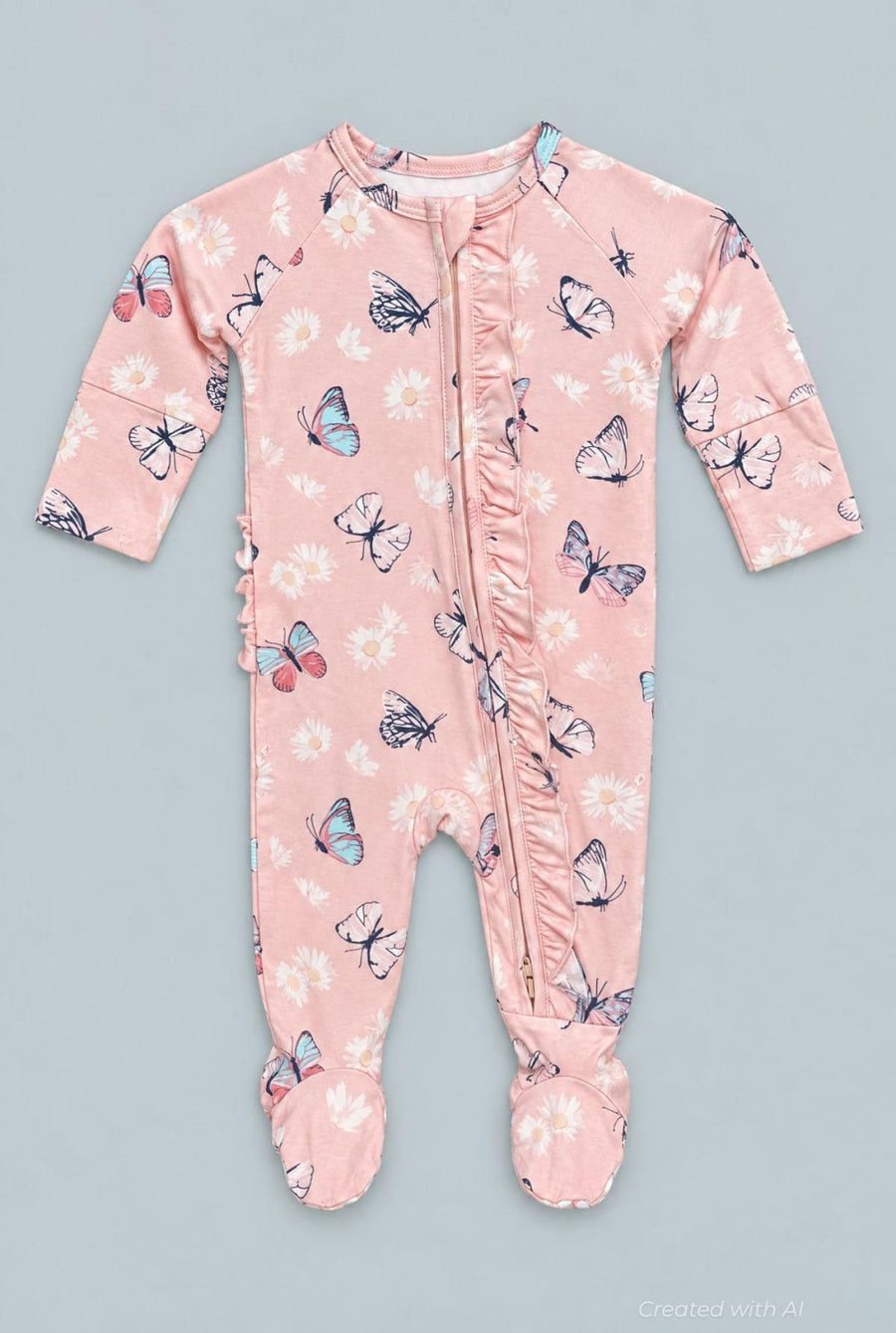Butterfly Daisy Bamboo Ruffle Footie - Butterfly Daisy Pink - Onesie