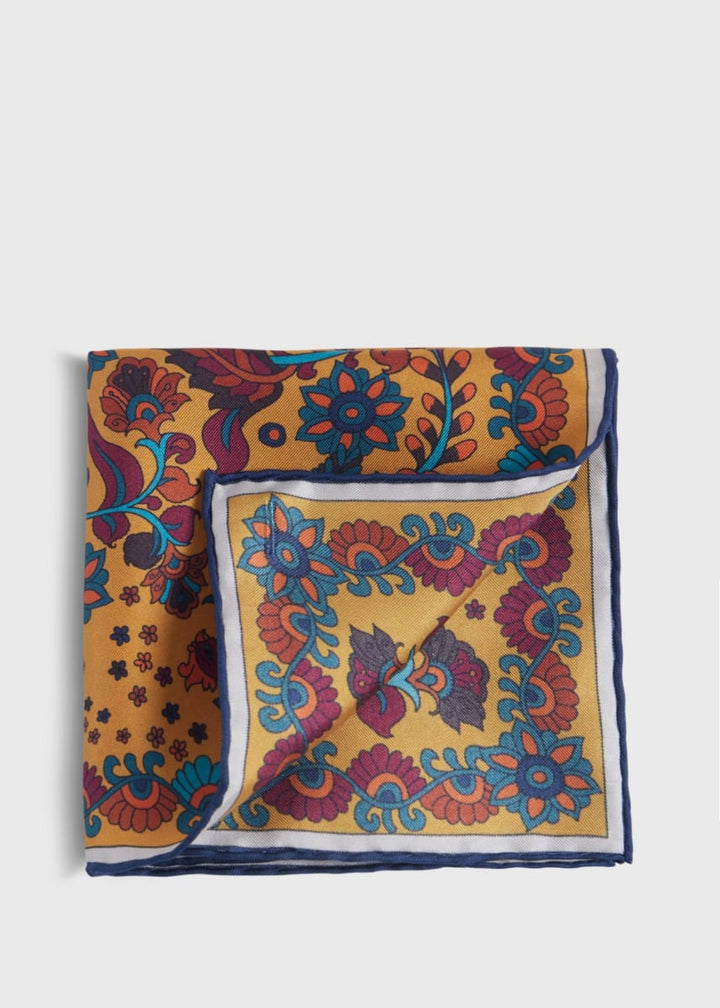 Silk Deco Stripe And Bird Print Pocket Square - Gold