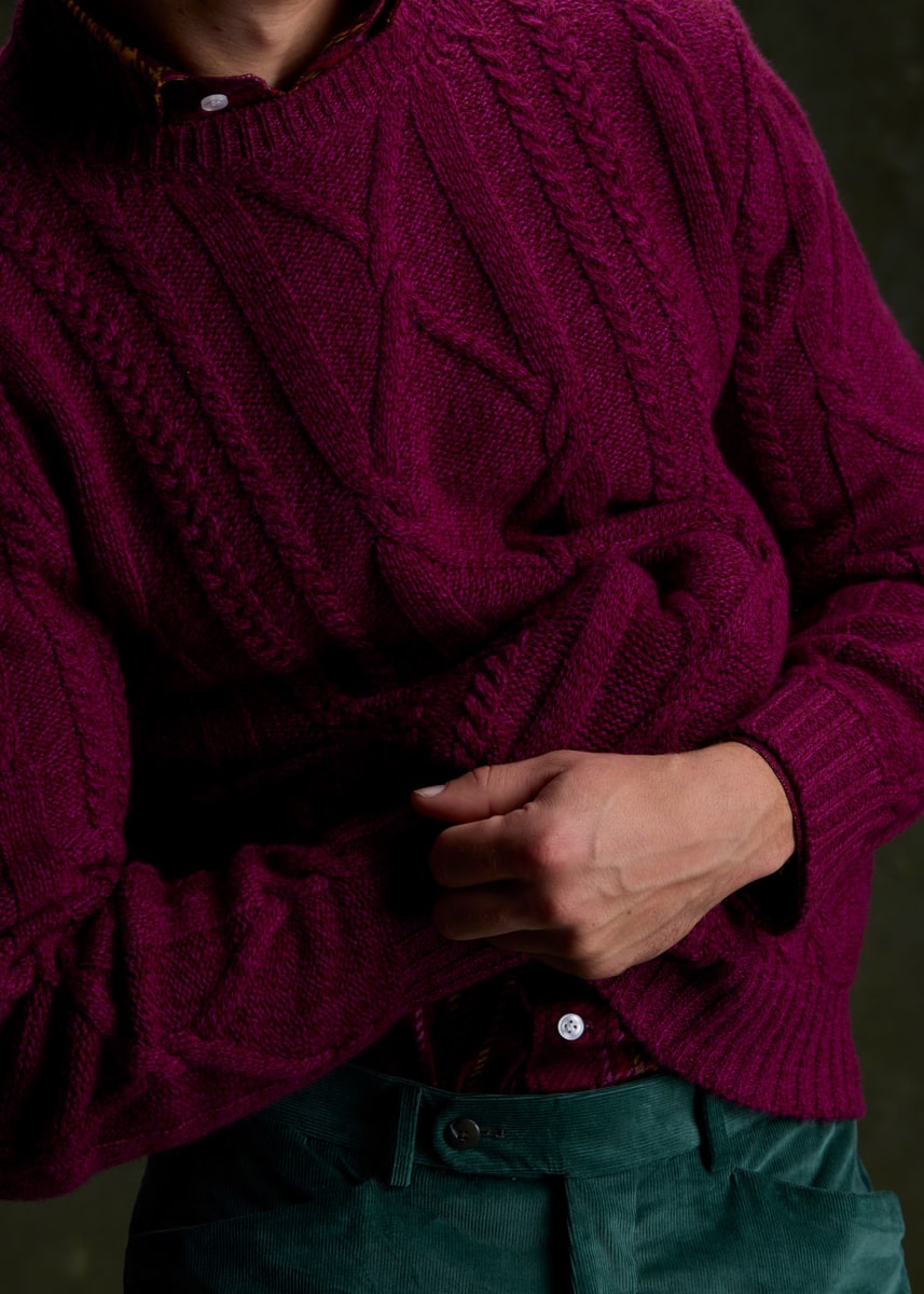Aran Cable Knit Crewneck Sweater - Plum