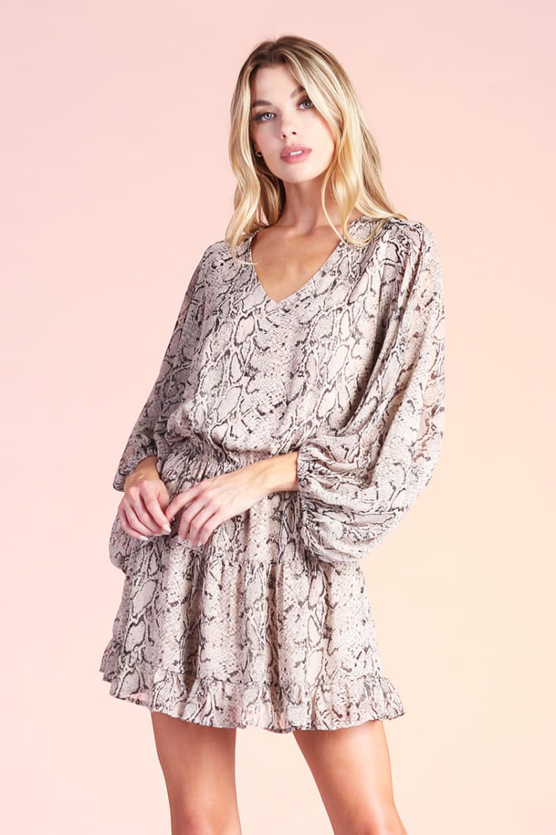 Soft Snake Chiffon Balloon Sleeve Dress - Grey