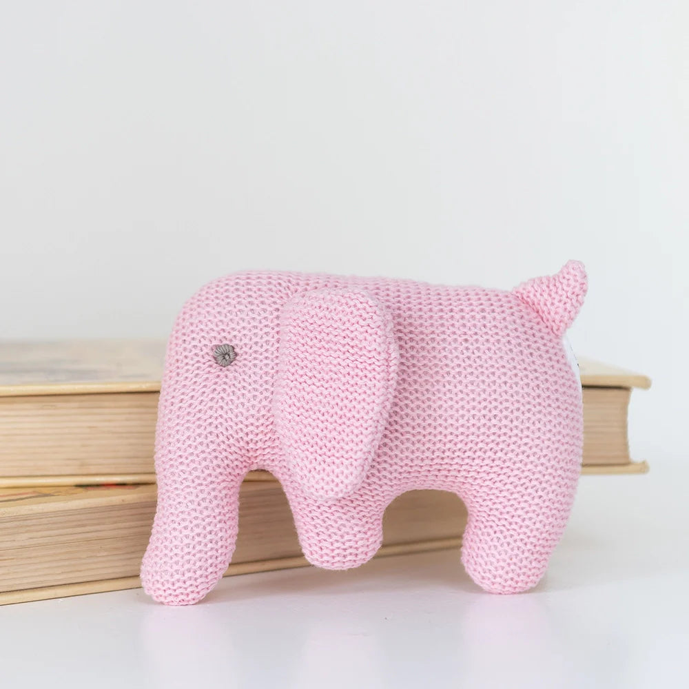 Knitted Pink Elephant Baby Rattle Organic Cotton Pink