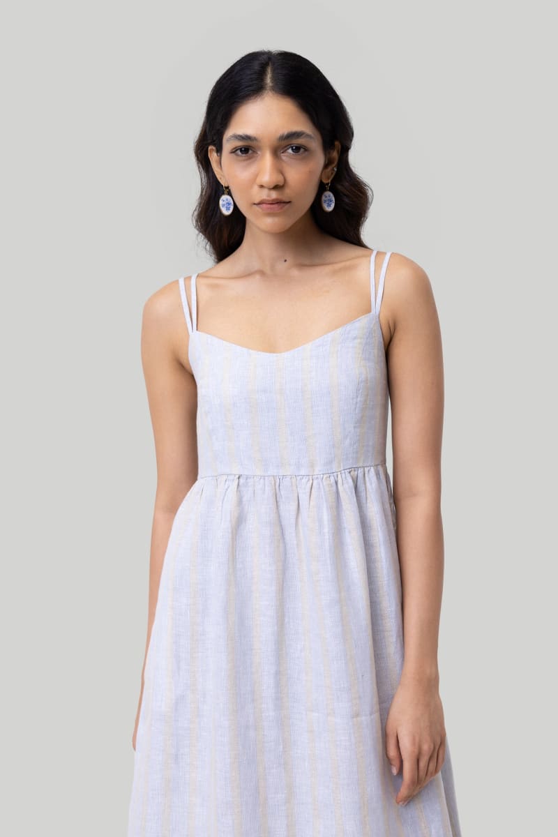Strappy Gathered Midi Dress - Textured Stripes