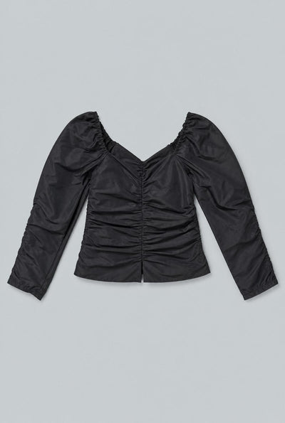 Ruched Puff Shoulder Blouse - Black