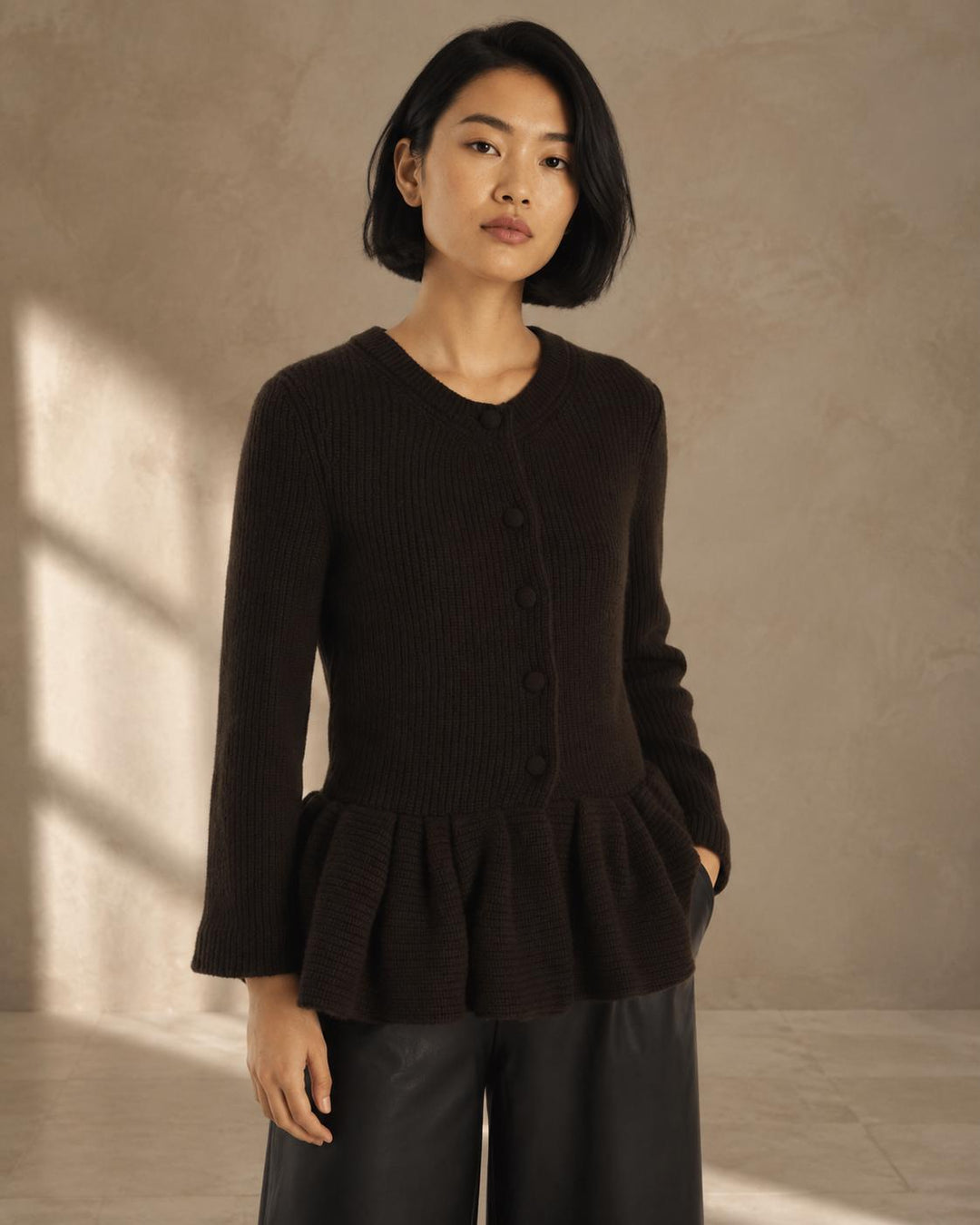 Peplum Cashmere Cardigan - Chocolate